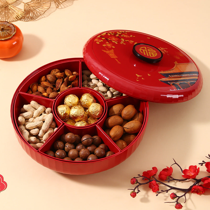 Chinese-style red rotating dried fruit box, household high-end housewarming, Chinese New Year grid fruit plate, living room snacks, melon seeds display plate