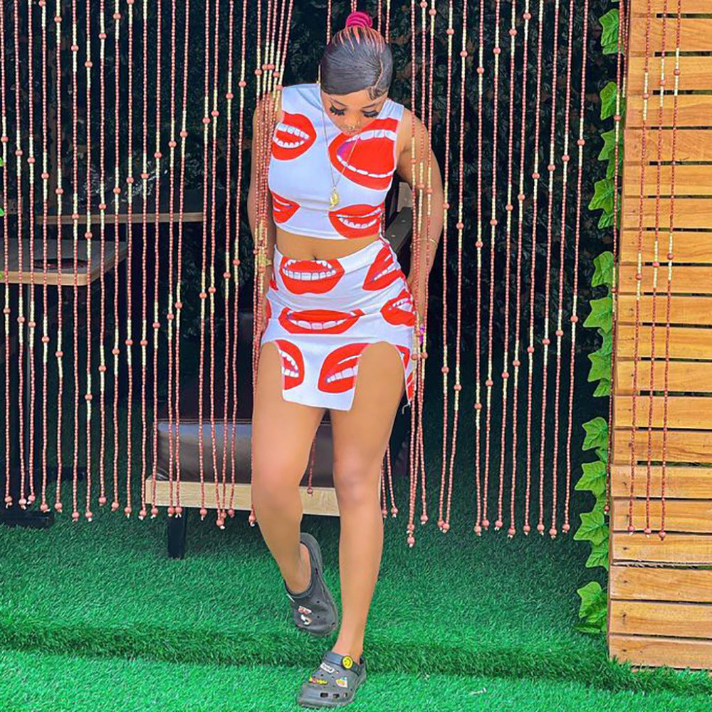 European and american cross-border women's clothing  casual sexy big lips print round neck sleeveless tank top irregular skirt set
