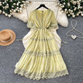 French chic a-line dress - women's summer korean style short sleeve waist-defining lace trim maxi dress