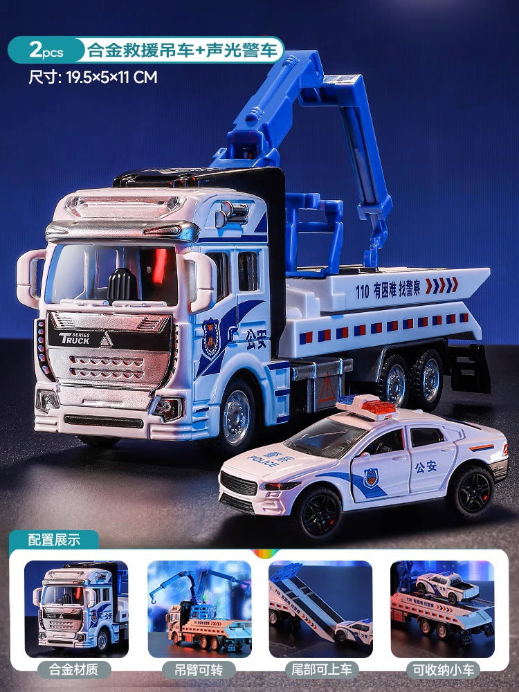 Kids' alloy toy car police car rescue truck large double-decker trailer car model for boys ages 3-6