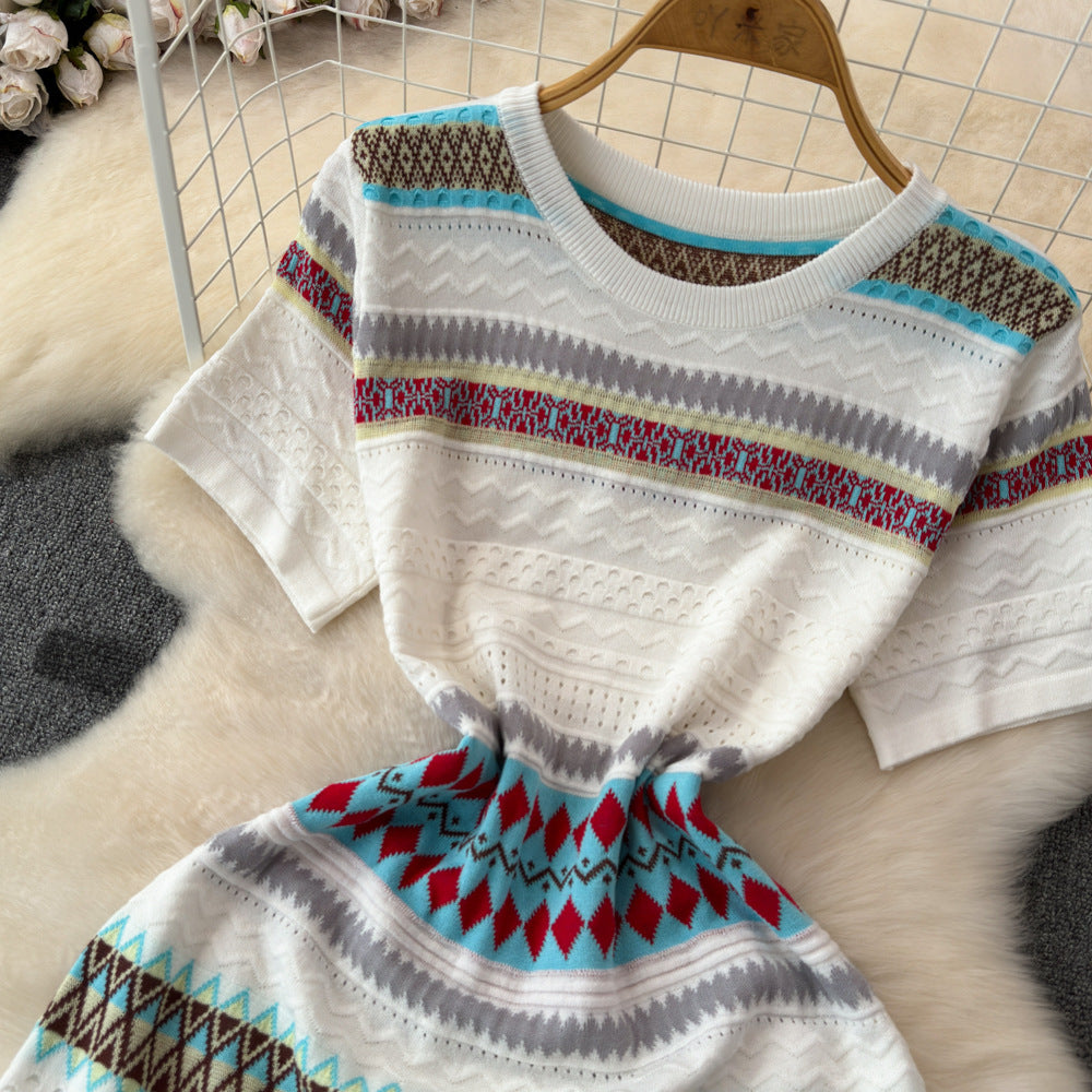 Small fresh stripesdress female summer french style retrosense of design age reduction sweet ethnic style knitting skirt