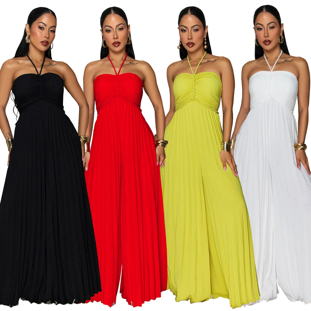 C7735 cross-border    new women's summer vacation style pleated wide-leg jumpsuit