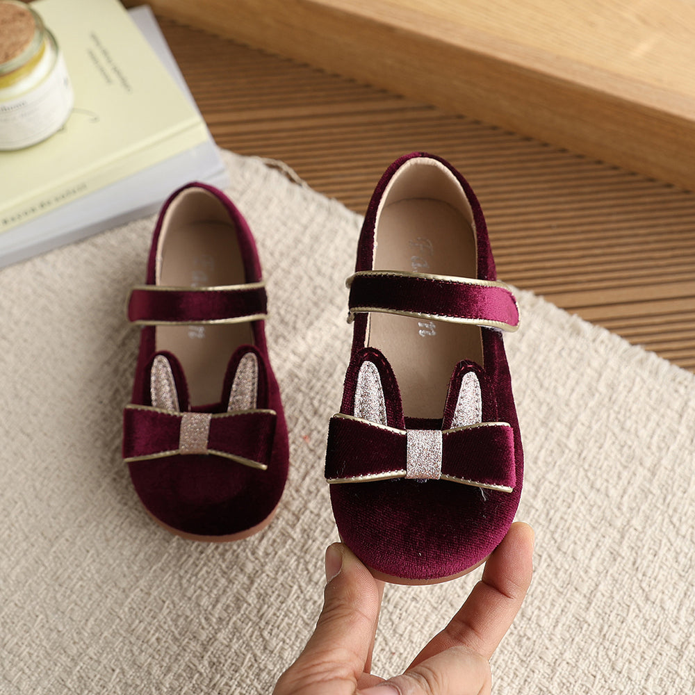 Vancahao girls' korean style velvet cartoon princess shoes,  spring new collection, single shoes, children's bowknot leather shoes