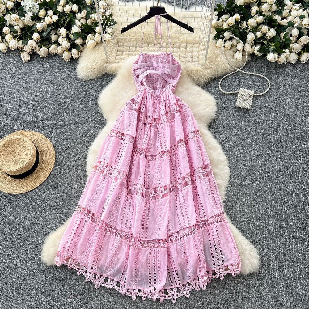 French chic halter neck backless dress - women's summer cutout crochet waist-defining elegant maxi vacation dress