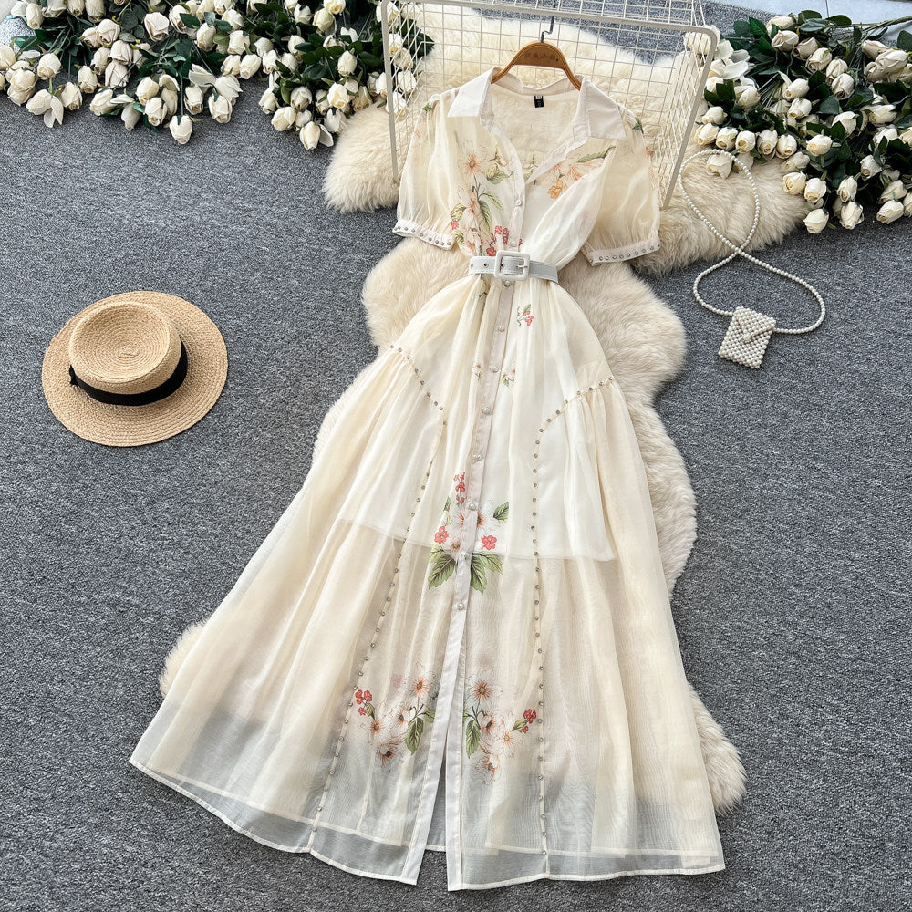 Elegant bubble sleeve floral embroidered dress - korean style, cinched waist, a-line silhouette, soft & chic, perfect for work