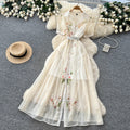 Elegant bubble sleeve floral embroidered dress - korean style, cinched waist, a-line silhouette, soft & chic, perfect for work