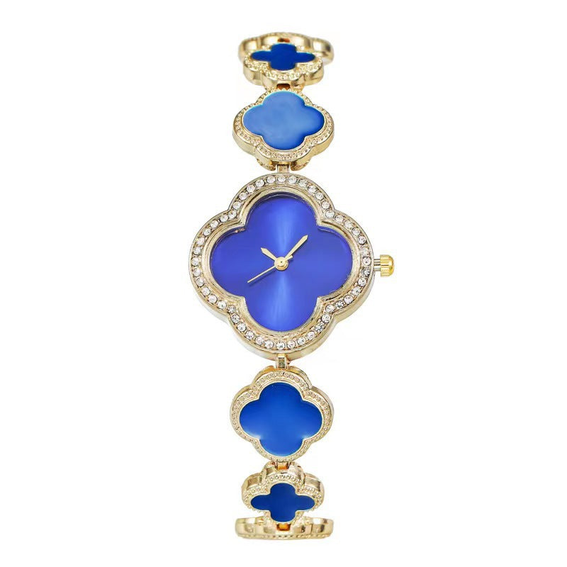 Women's quartz watch with emerald and clover charm bracelet - luxury vintage fashion timepiece