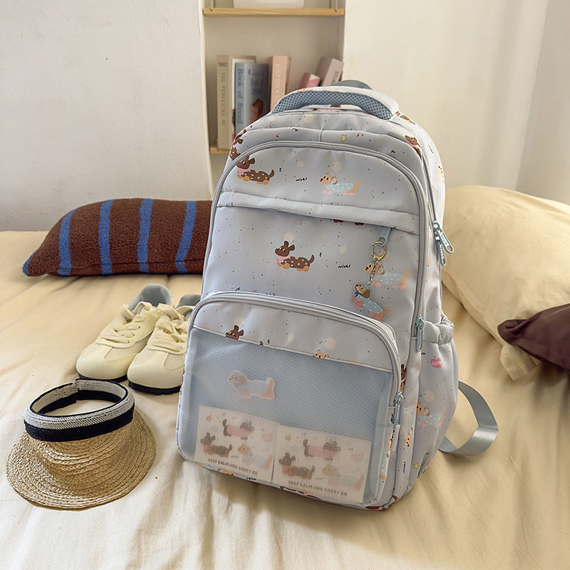 K-style cartoon dachshund dog backpack for women, large capacity, junior high school student school bag, frosted flap pocket pants, two-dimensional pain bag