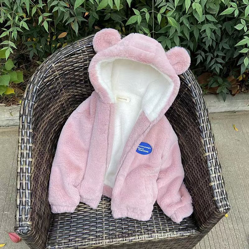 Winter fur faux fur kids' coat - warm, thickened, plush, faux rabbit fur hooded cotton-padded jacket for girls (mid-size)
