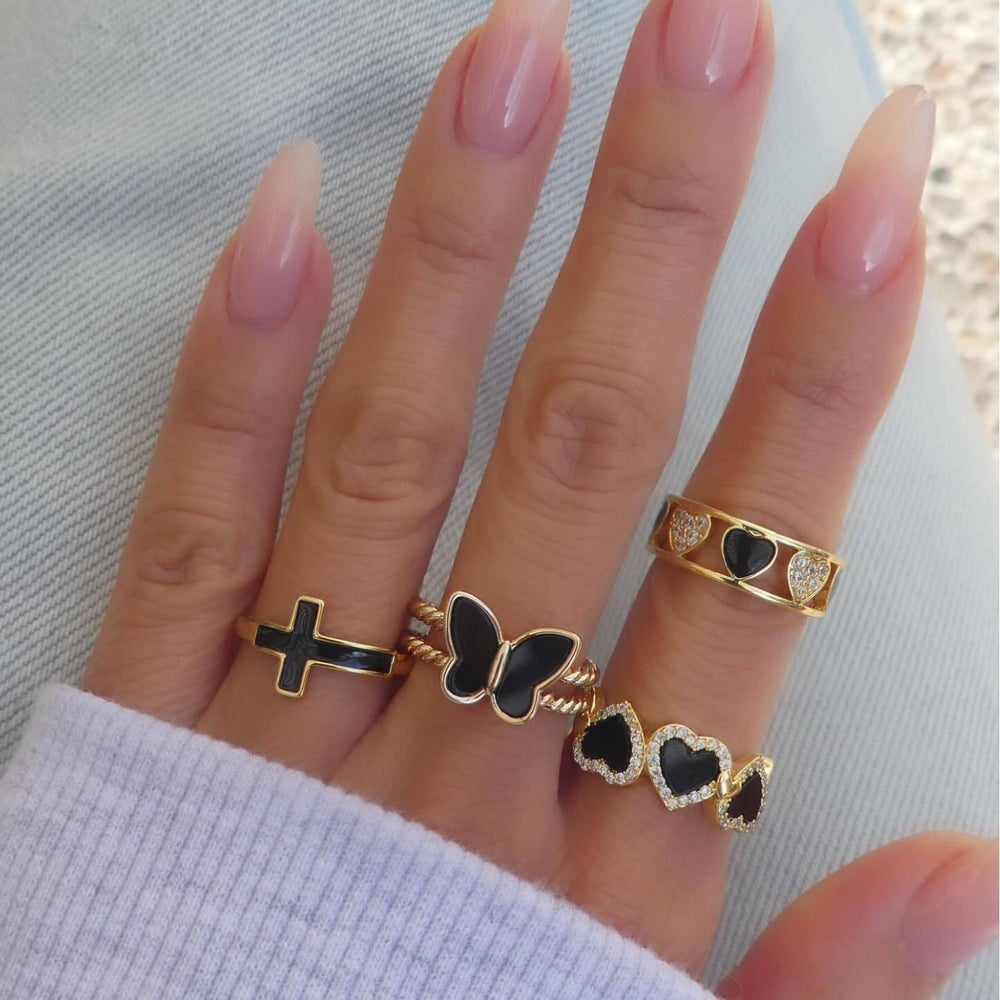 Wholesale heart ring set - european & american niche style, unique jewelry, black butterfly enamel cross, sweet & cool ring set