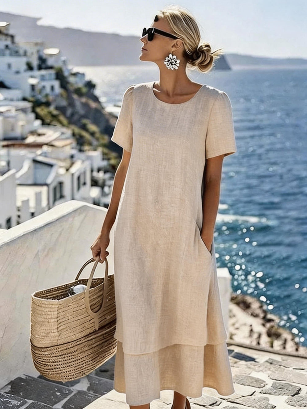 european and american cross-border  women's spring/summer vacation casual double-layer design round neck short sleeve dress