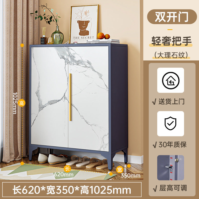 Steel shoe cabinet for home, shoe rack for entryway, hallway organizer with door and lock, minimalist large capacity faux stone shoe cabinet