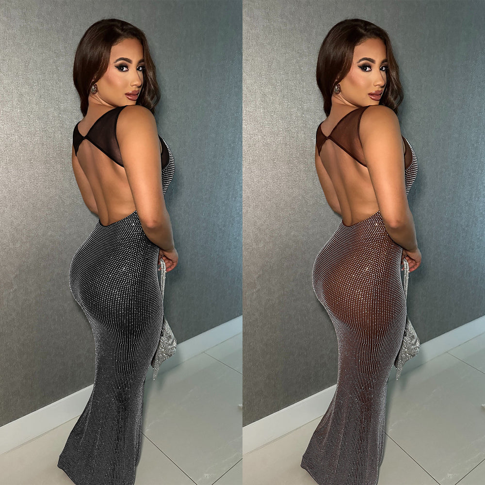C7551 cross-border   fashion women's sexy mesh rhinestone arm cover backless dress