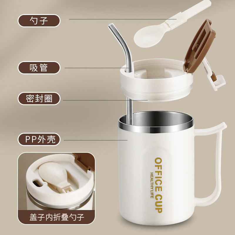 304 stainless steel mug with lid - stylish coffee cup for men and women, tea mug, dorm room water cup with straw and spoon