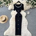 French hepburn style burgundy knittingdress women's summerk-style single-breasted silmelegant long skirt work clothing