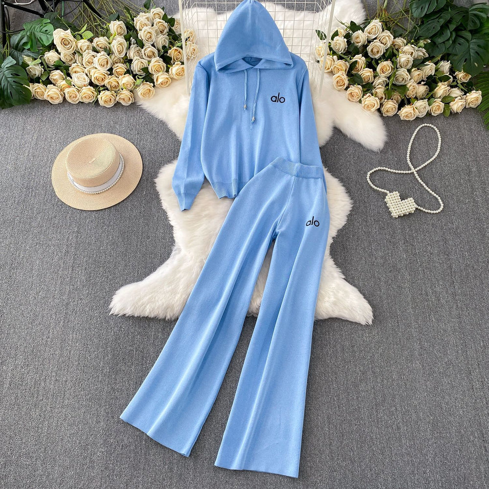 Gentle wind pink tie backslimming lookpullover hooded knittinglong sleevessweatshirthigh waiststraight-legloose pantsembroidersuit