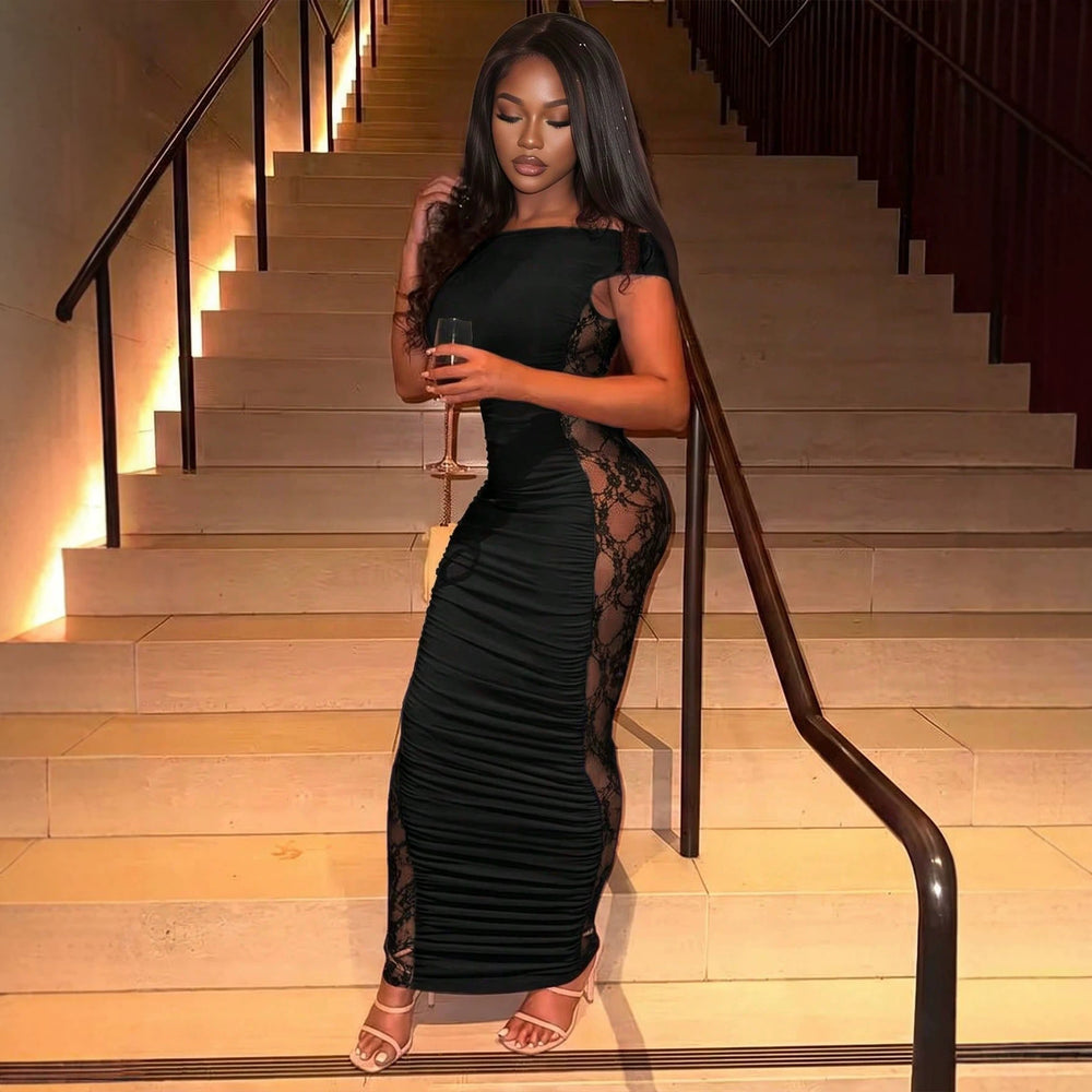 Fashionlacepatchworkfake two-piece see-throughtube toplongdressclassy evening dresselegant cross-border