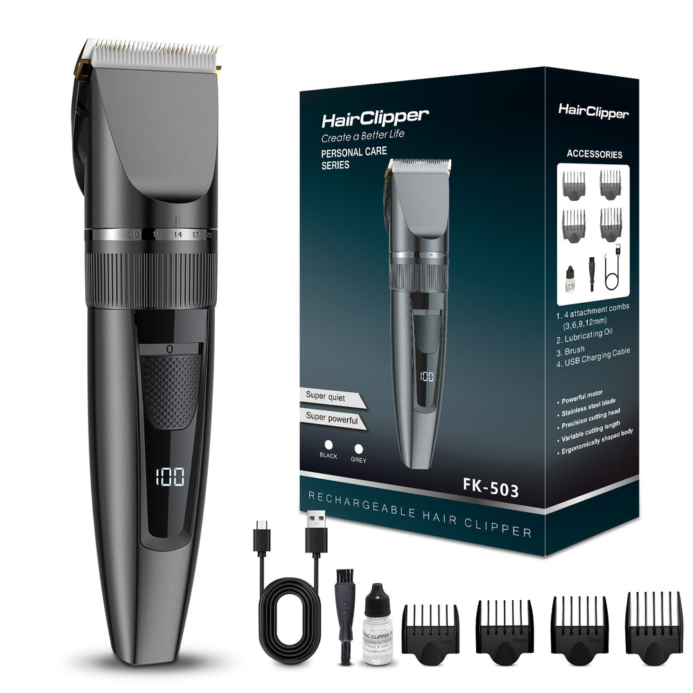 Five-speed adjustable for home electric hair clippers fast charging digital display engraving oil head push white hair cutting electric clippers cross-border