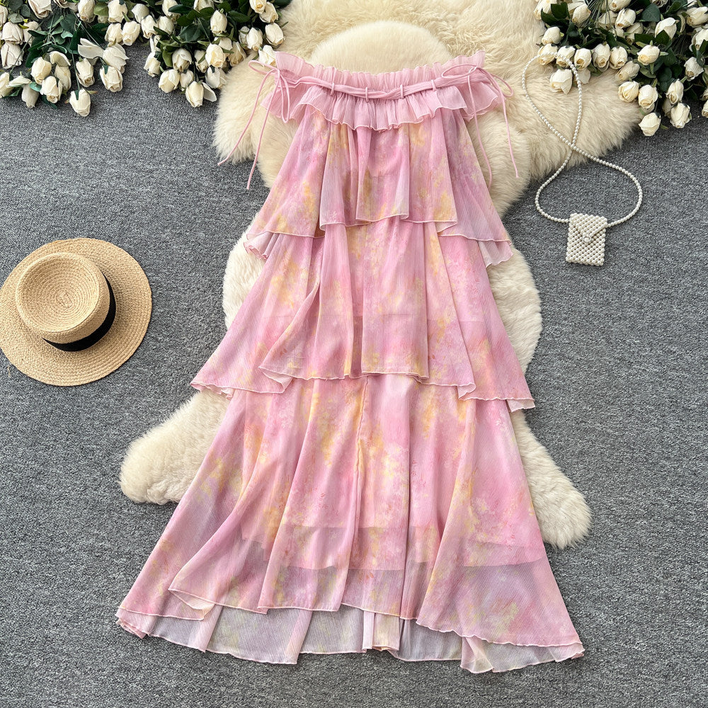 French riviera style pink ruffle cake dress - sleeveless off-the-shoulder a-line summer dress - stunning and unique design