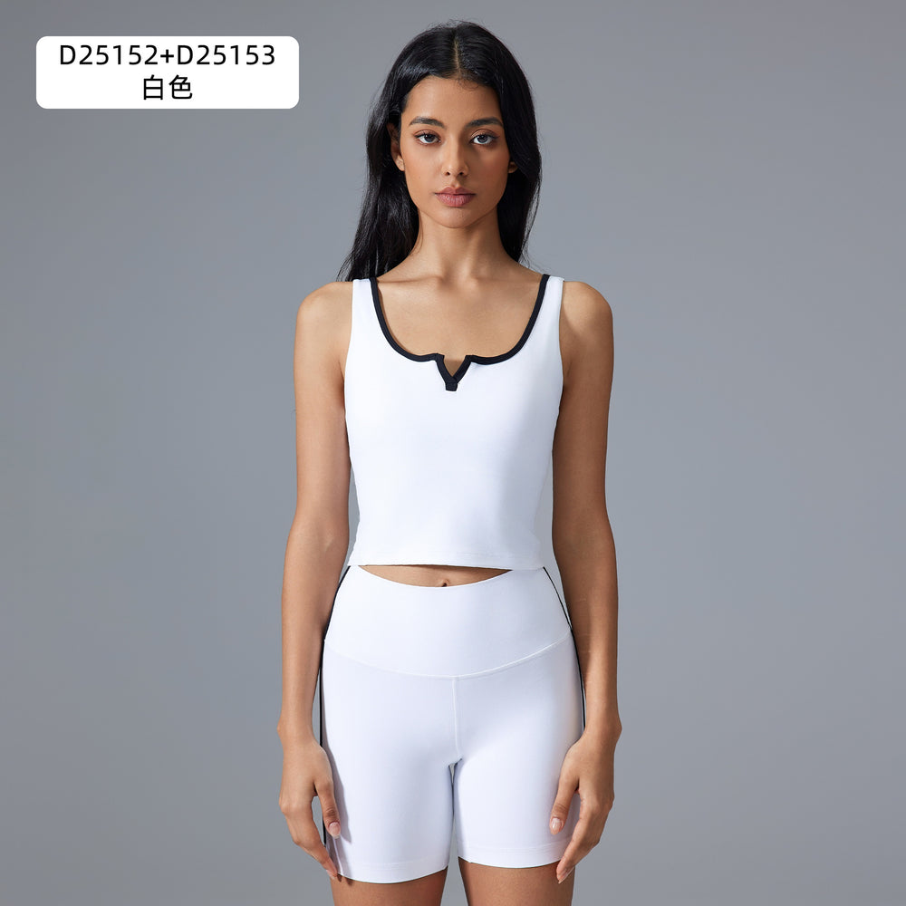 Fitness yoga outfit set with padded bra, beautiful back sports tank top, high-waisted butt-lifting tight yoga shorts set for women
