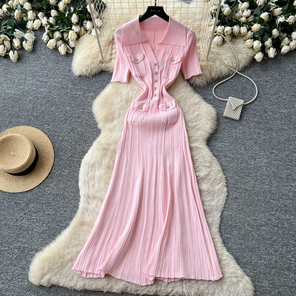 K-style pure desire lapel knitting short-sleeved dress women's summer silm single-breasted waist slimming lookelegant long skirt