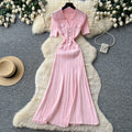 K-style pure desire lapel knitting short-sleeved dress women's summer silm single-breasted waist slimming lookelegant long skirt