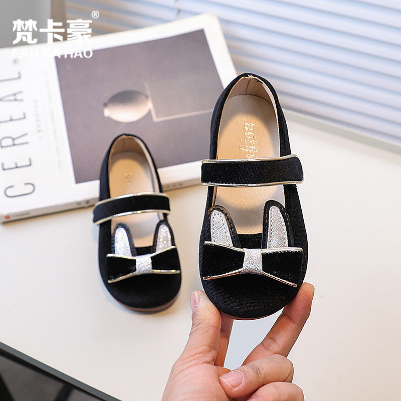 Vancahao niche style design velvet girlbows princess shoes  spring and autumn new arrivalkids small leather shoes