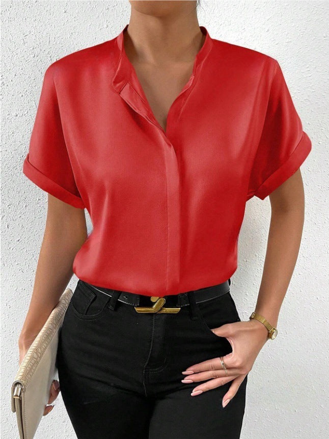 popular European and American  women's clothing solid color satin short-sleeved, shoulder stand-up collar short-sleeved shirt satin shirt