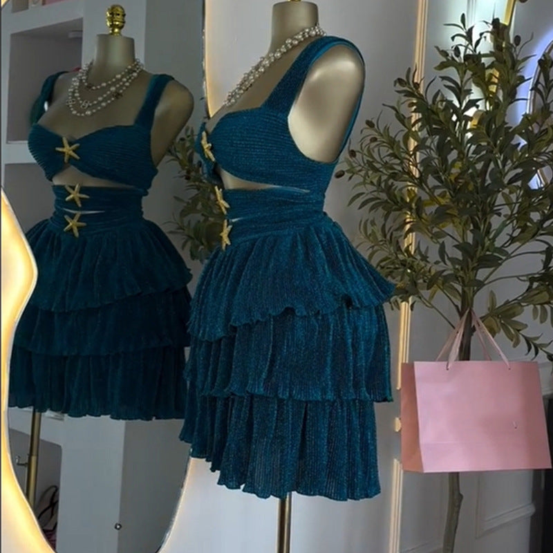 European and american cross-border women's fashion:  summer new arrival - elegant vintage hollow-out ruffle trim high-waisted cami dress