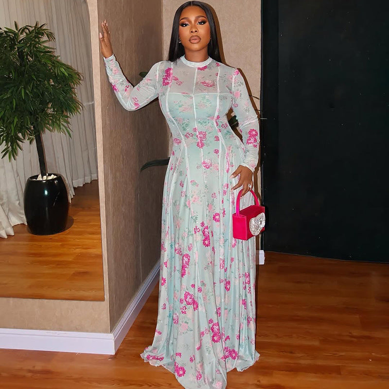 European and american style ins cross-border pleated fresh printing work clothing a-line skirt round neck long sleeves waist outdoor dress women's clothing