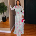 European and american style ins cross-border pleated fresh printing work clothing a-line skirt round neck long sleeves waist outdoor dress women's clothing