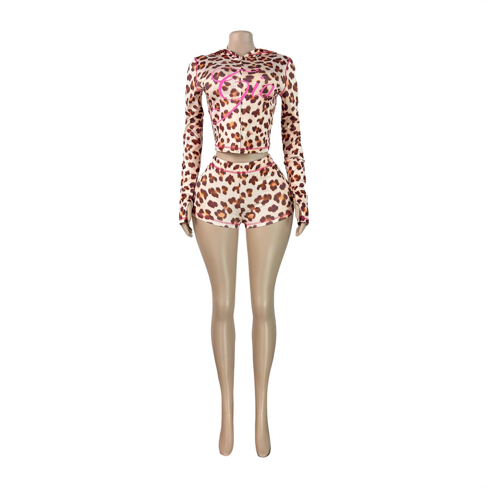 women's printed hooded long sleeve shorts set with thumbhole and micro flare leggings - summer two-piece outfit