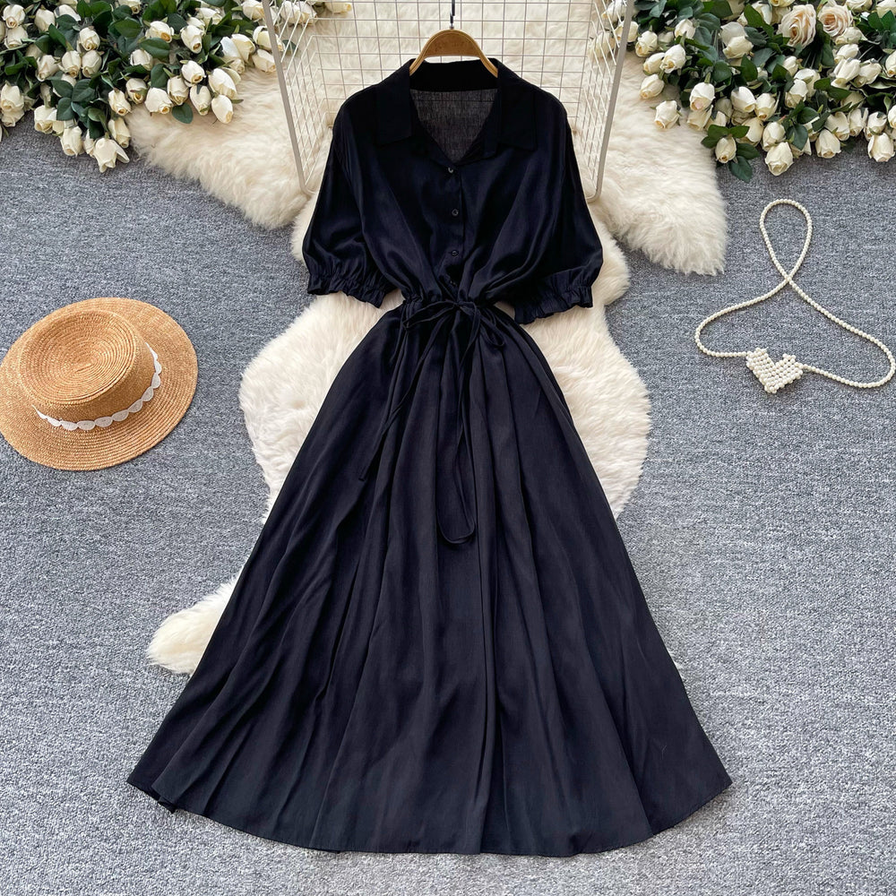 Light mature style single-breasted shirt short-sleeved dress for women summerk-style strap waist slimming lookelegant long skirt work clothing