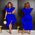 C6740 cross-border   fashion women's solid color belted ruffle asymmetrical dress