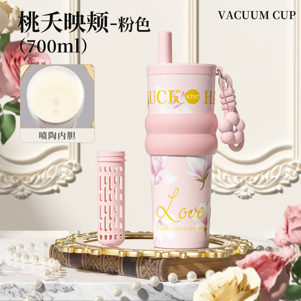 Blooming ice cup ceramic liner insulated cup cold cup large capacity good-looking water cup portable car straw cup
