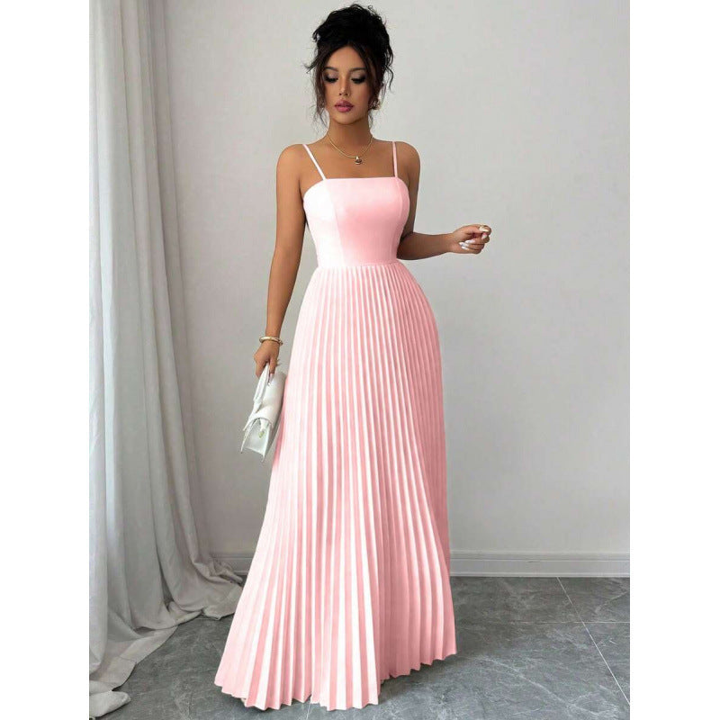 Amazon european goods summer fashion elegant solid color pleated waist-defining long slip dress