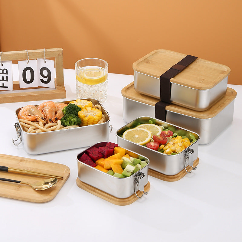 304 stainless steel Japanese fresh-keeping box with bamboo cover storage refrigerator storage rectangular wooden cover lunch box stainless steel box