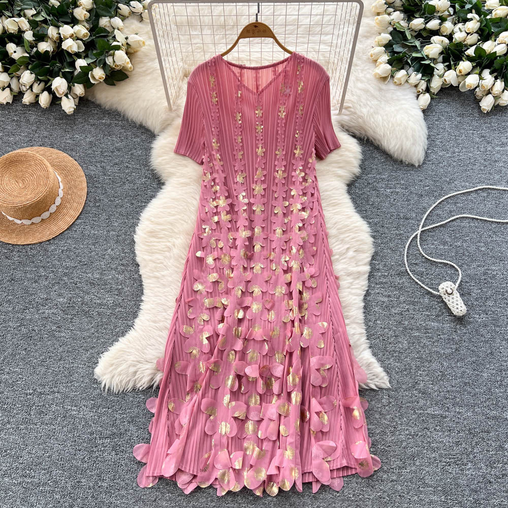 Miya pleated dress - women's  summer collection: european & american style, sophisticated, gold foil 3d floral appliqué, loose fit, pleated maxi dress