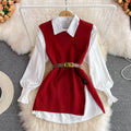 Spring lantern sleeve white shirt women's age-reducing sweet loose covering slit vest sweater layering two-piece set