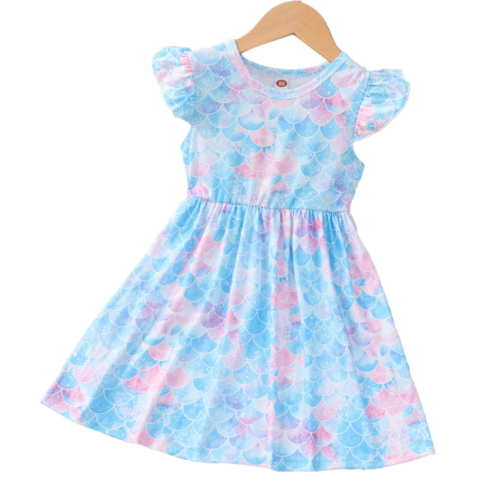 Five-piece set: flutter sleeve digital print dress