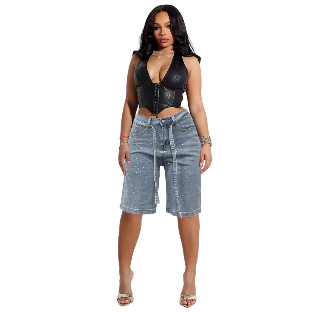D8739  spring/summer new european and american style loose denim shorts with full hotfix rhinestone embellishments and optional belt -
