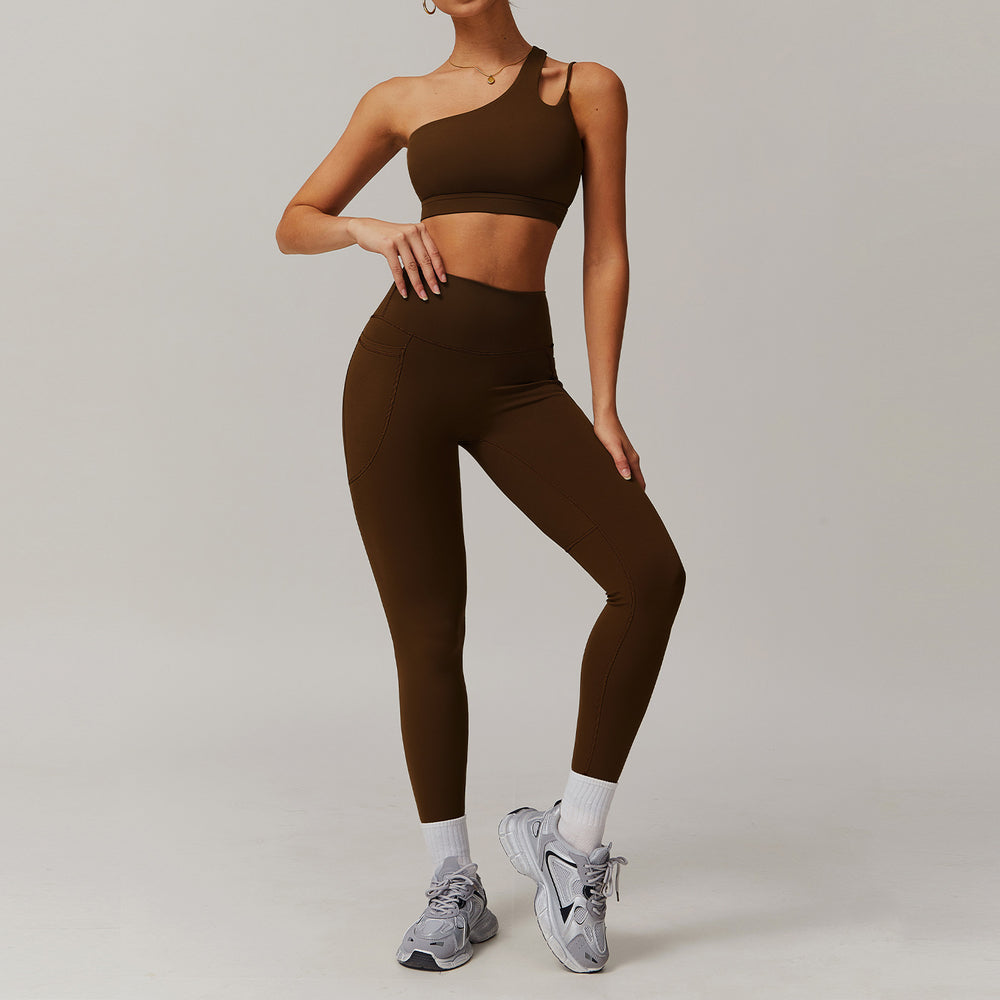 breathable quick-drying tight-fitting yoga clothes flap pocket pants running sports suit diagonal shoulder naked fitness suit6425