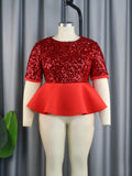 Am030526tautum round neck three-quarter sleeve sequintops ruffle hem waist easiest for match women's clothing spangle