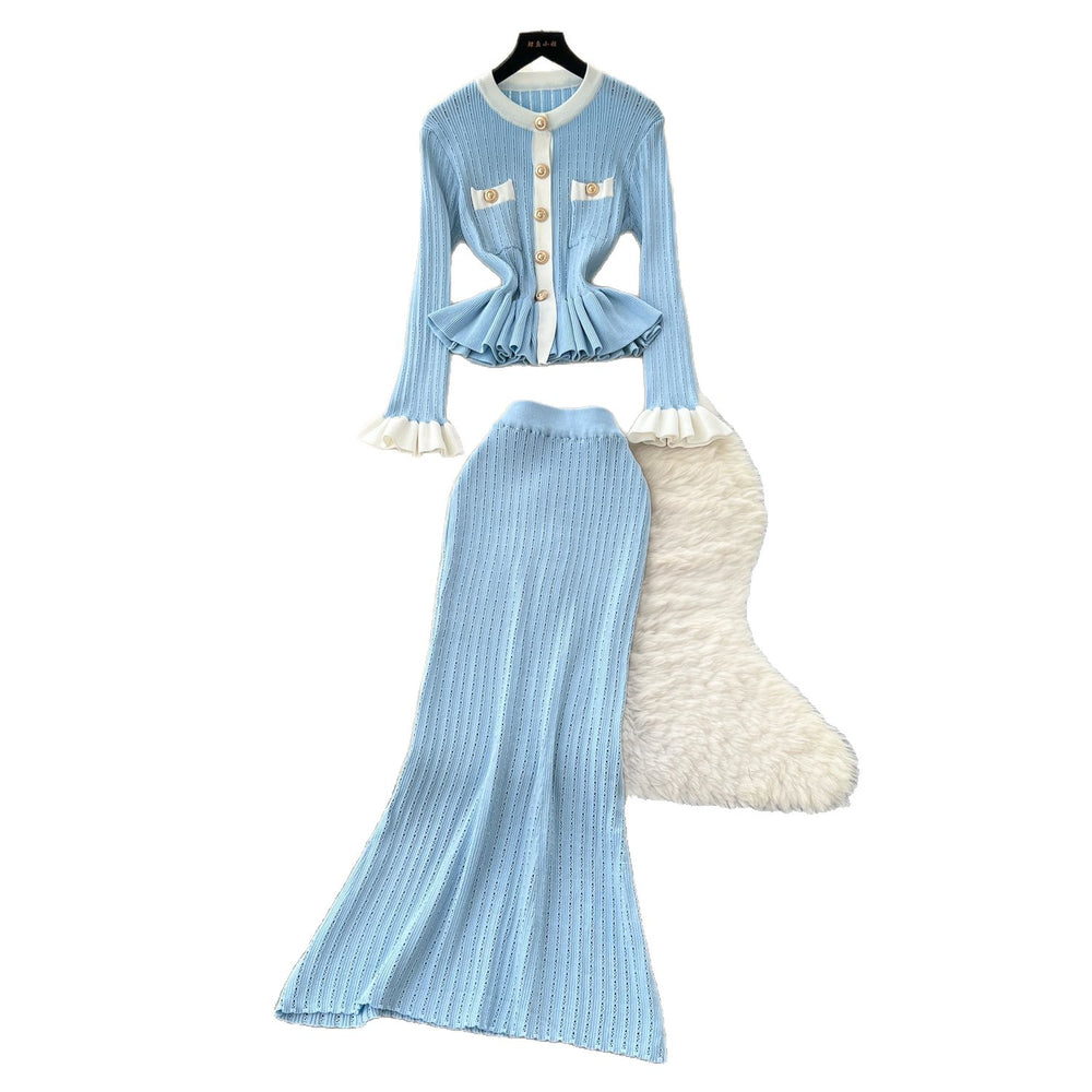 Xiaoxiangfengtwo-piece setfemaleautumfrenchcontrast colormetal bucklelong sleevesruffle hemknitting shirt skirt