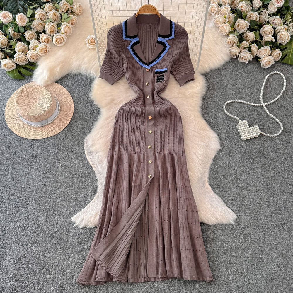 Fall and winter tweed style socialite short-sleeved contrast colorembroider suit collar waist slimming look single-breasted a-line knittingdress