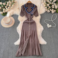 Fall and winter tweed style socialite short-sleeved contrast colorembroider suit collar waist slimming look single-breasted a-line knittingdress