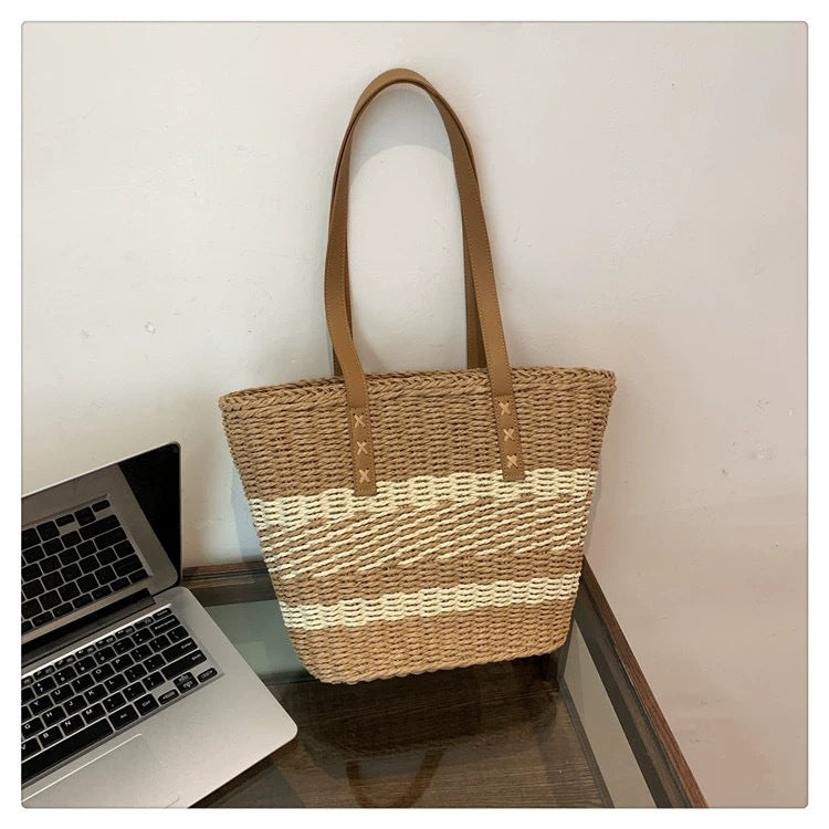 Single shoulder large capacity straw bag portable simple casual straw bag woven bag seaside vacation beach bag rattan bag women