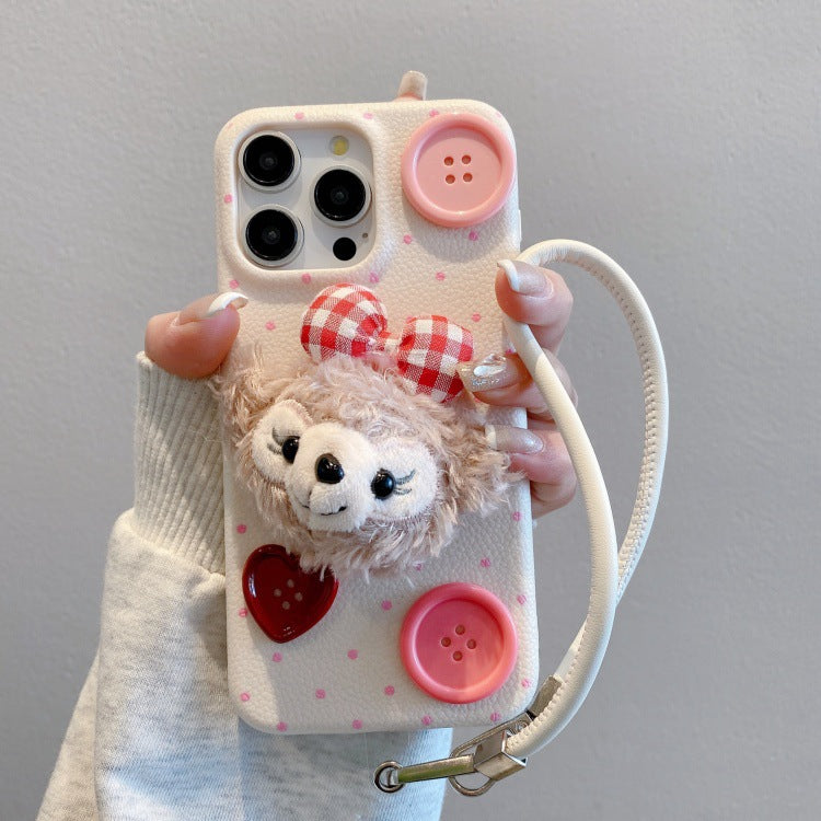 Leather pattern suitable for apple 16pro plush duffy bear mobile phone case iphone13/11 anti-fall soft case protective cover