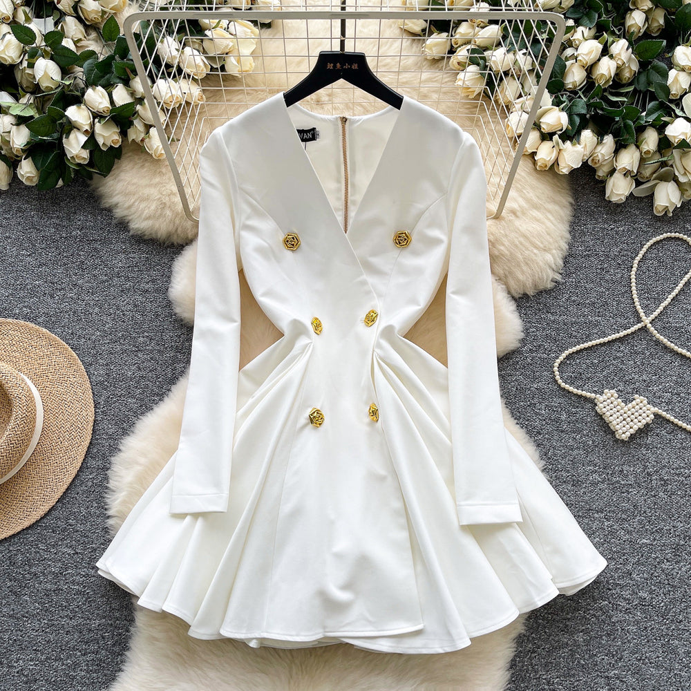 French retro chic high-end v-neck metallic buckle long sleeve cinched waist flared dress - women's autumn formal dress