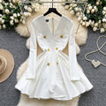 French retro chic high-end v-neck metallic buckle long sleeve cinched waist flared dress - women's autumn formal dress